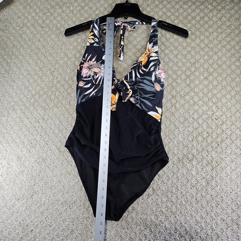 One Piece Swimsuit Tropical Floral Halter Tie Front Black Size Large - Picture 7 of 10